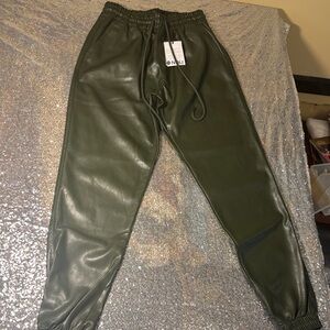 Noli Olive Green Faux Leather Jogger Jeans